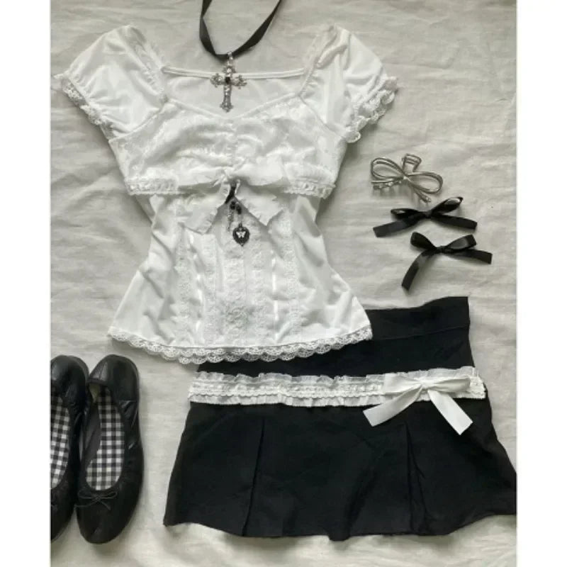 Aiertu Summer New Two Piece Sets Women Japanese Sweet Vintage Lace Slim Short Sleeve Tops + Y2k High Waist Bow Patchwork Skirts Aiertu