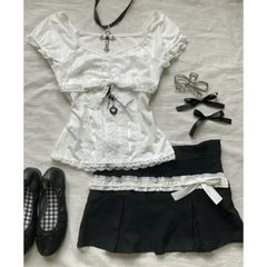 Aiertu Summer New Two Piece Sets Women Japanese Sweet Vintage Lace Slim Short Sleeve Tops + Y2k High Waist Bow Patchwork Skirts Aiertu