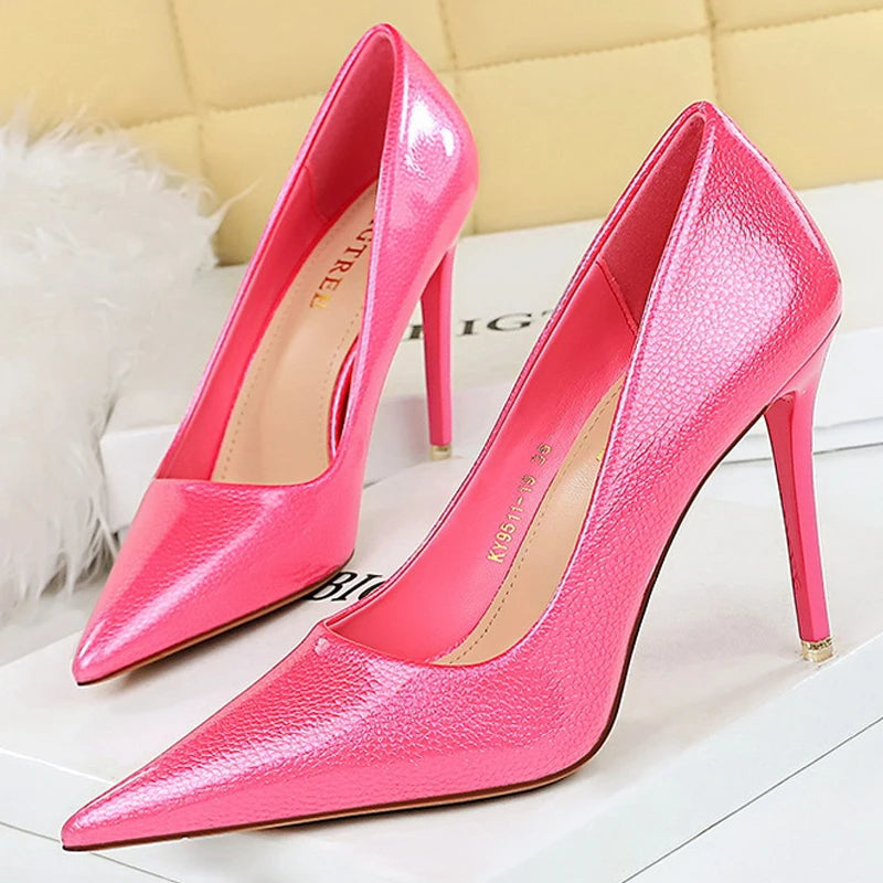 Shoes Crystal Patent Leather Women Pumps Pointed High Heels Women Shoes Stilettos Kitten Heels Female Shoes Plus Size 43 Aiertu