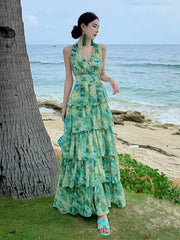 Aiertu Summer Green Tie Dye Sleeveless Halter Bandage Holiday Dress Women Temperament Slim Fashion Sweet Cake Long Dress 2023 Bohemian Aiertu