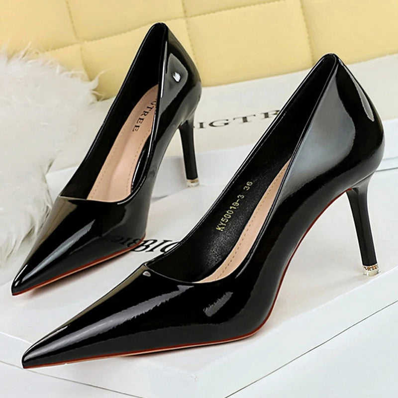 Shoes Crystal Patent Leather Women Pumps Pointed High Heels Women Shoes Stilettos Kitten Heels Female Shoes Plus Size 43 Aiertu