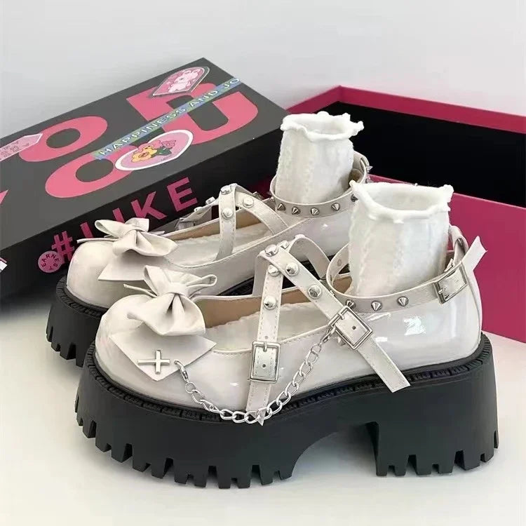 Aiertu Back  to school Women's Mary Jane Shoes Lolita Solid Color Spring 2024 Hot Sale Fashion Butterfly Knot Outdoors Thick with Non-slip Female Shoes Aiertu