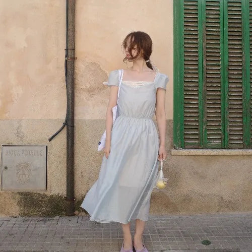 AIERTU  -  Chic V-Neck Lace Dress with Strap And Loose Sleeves Korean Style A-Line Skirt Short Sleeve Casual Wear for Women Aiertu
