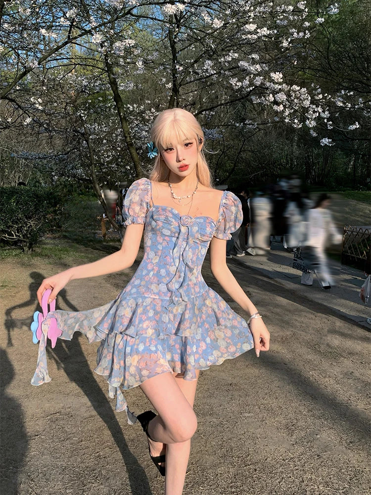 Aiertu Summer Floral Y2k Mini Dress Holiday Beach Irregular Chiffon Dress Casual Korean Fashion Short Party Dress Elegant Clothing Aiertu