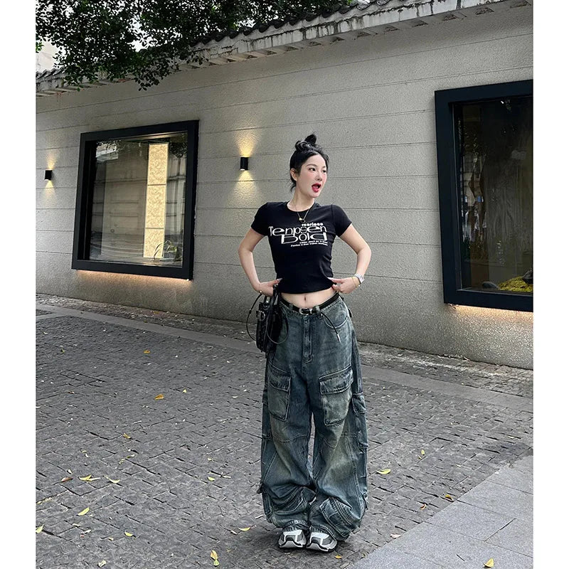 Aiertu Women's Y2k Blue Cargo Jeans Baggy 2000s Trashy Aesthetic Streetwear Oversize Denim Trousers Harajuku Jean Pants Vintage Clothes Aiertu