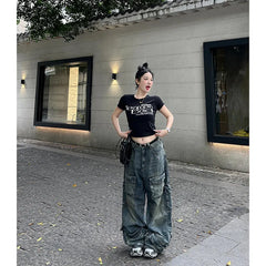 Aiertu Women's Y2k Blue Cargo Jeans Baggy 2000s Trashy Aesthetic Streetwear Oversize Denim Trousers Harajuku Jean Pants Vintage Clothes Aiertu
