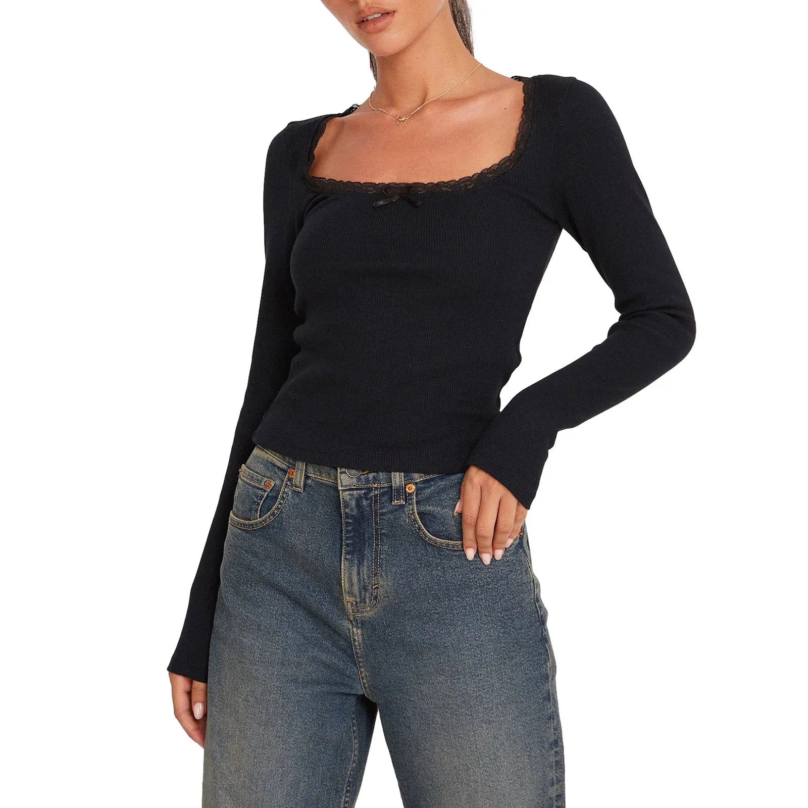 Aiertu FALL OUTFITS Womens Spring Autumn Slim Tops Black Long Sleeve Button Down Ribbed Skinny T-shirt Aiertu
