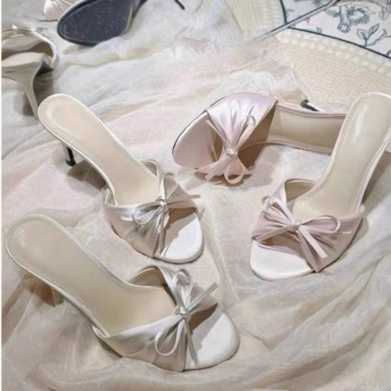 AIERTU  -  Women's Satin Bow Slippers Summer Open Toe Women Stiletto Heel Sandals Elegant Party Wedding Ladies Dress Shoes Non-slip Aiertu