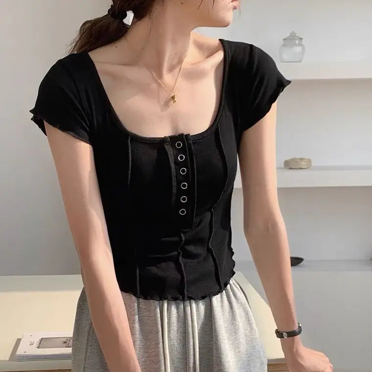 Aiertu T-shirts Women Skinny Inside Korean Fashion Spring Sexy Ladies Daily Long Sleeve Minimalist Solid Simple Chic Cozy Crops Design aiertu