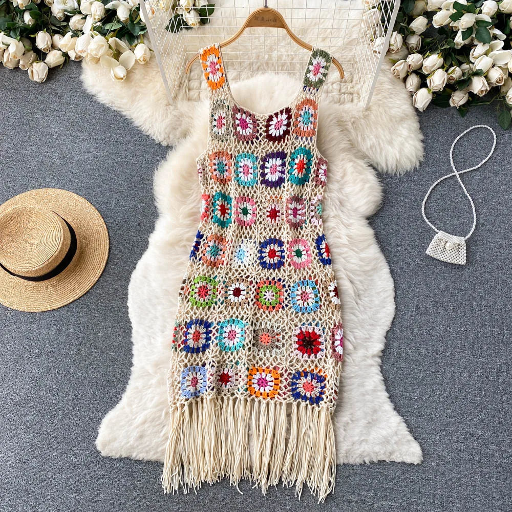 Aiertu Sunmmer Knitted Dress Hook Flower Hollow Out Tassel Women Slim Streetwear Original Design Fashion Vintage Dress Aiertu