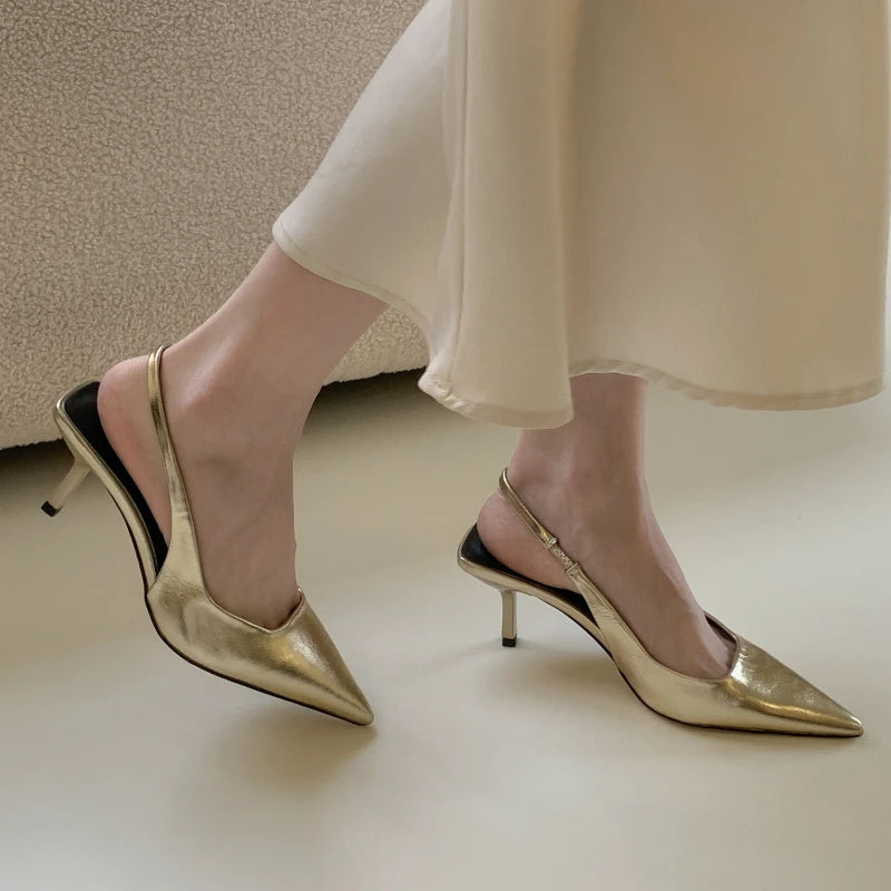 Elegant Low Heeled Sandals Women Kitten Heels Spring Summer Gold Pumps Pointed Toe Wedding Office Ladies Shoes Slingback Aiertu