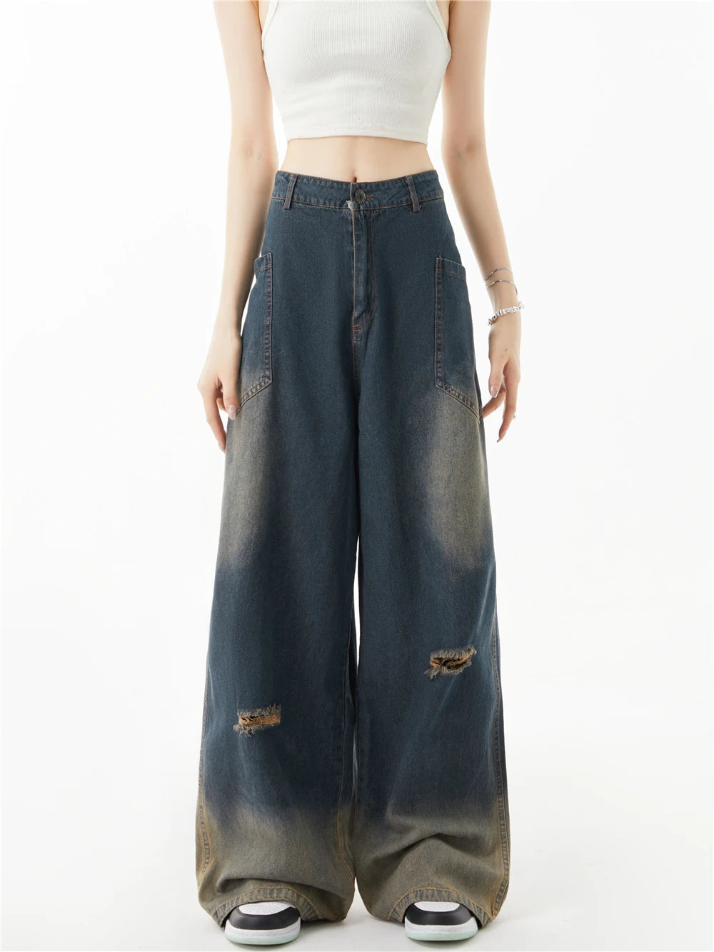 Aiertu Women Ripped Jeans Vintage Harajuku Baggy Denim Trousers Aesthetic Y2k Oversize Cowboy Pants Trashy Japanese 2000s Style Clothes Aiertu