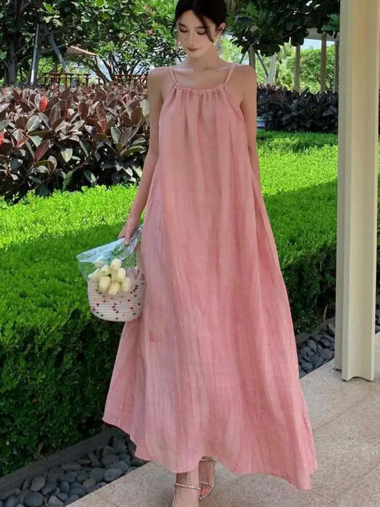 Aiertu Pink Halter Sexy Club Loose Pleated Bandage Large Swing Long Dress Elegant Holiday Party Dress For Women Summer Simplicity Aiertu