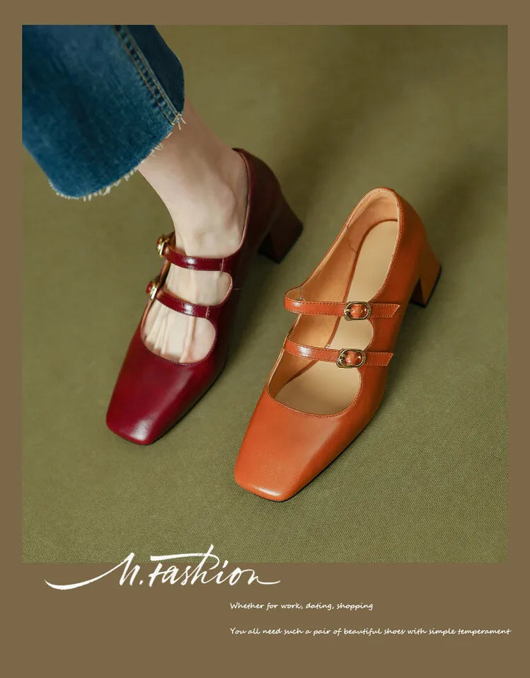 Aiertu NEW Spring Women Pumps Genuine Leather Shoes for Women Square Toe Chunky Heel Shoes Concise Mary Janes High Heel Women Shoes Aiertu