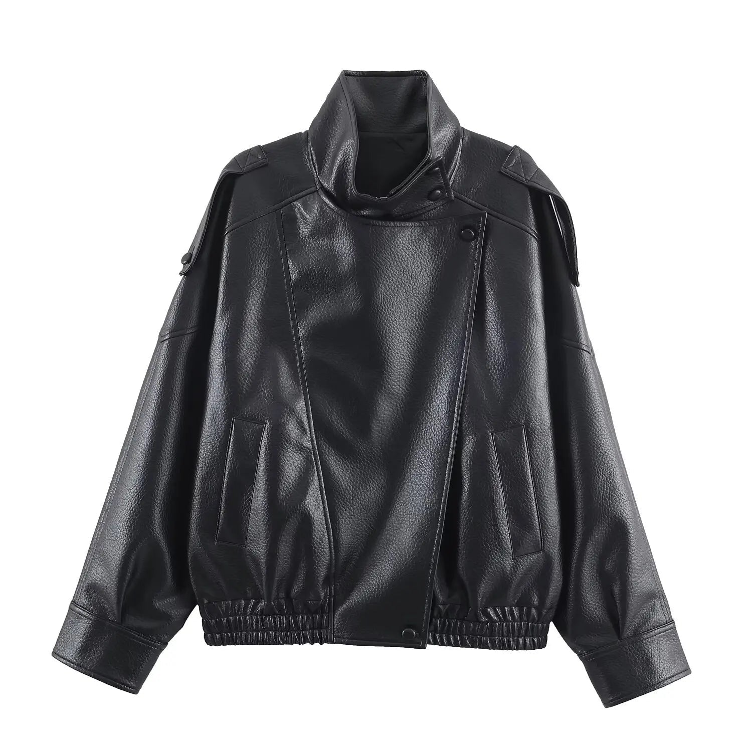 AIERTU  -  Solid Leather Moto Jacket For Women Winter Turtleneck Retro Coats Fashion Asymmetry Elegant Vintage PU Jackets New Aiertu