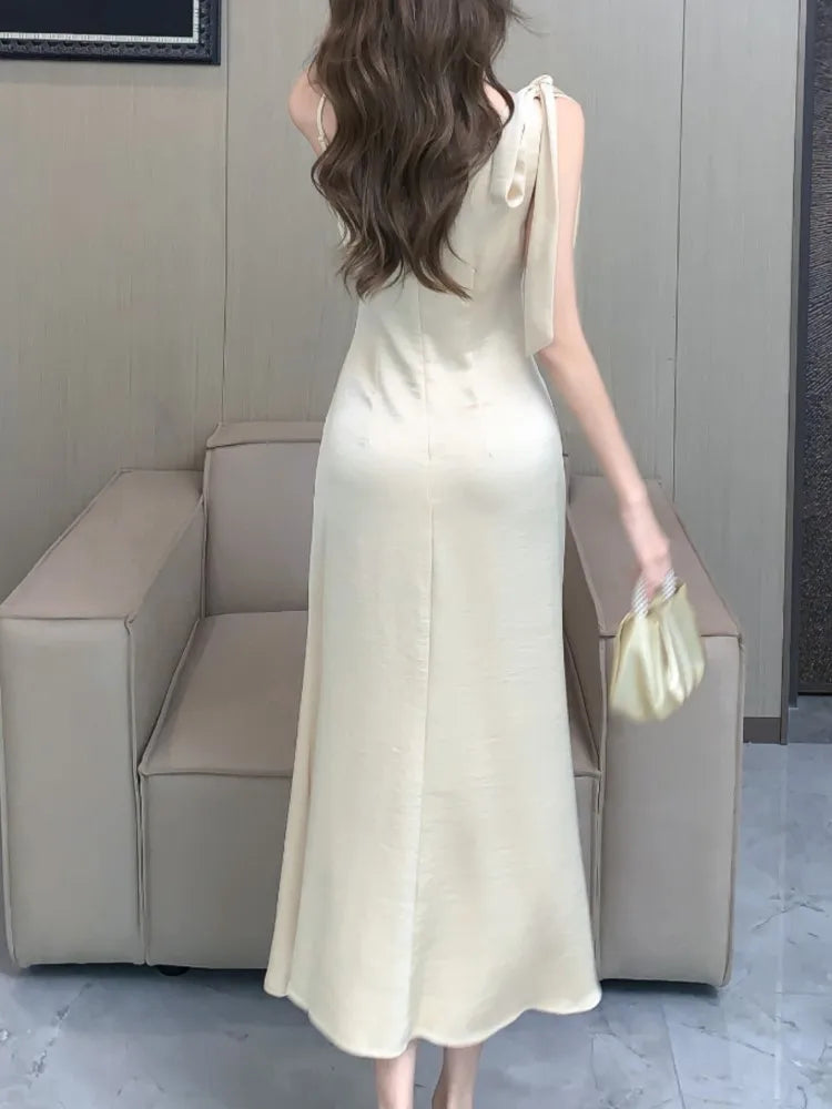 Aiertu Spaghetti Strap Women Fashion Satin Midi Dress Sleeveless Casual Solid Chic Bodycon Slim Party Dresses Female Vestidos New Aiertu