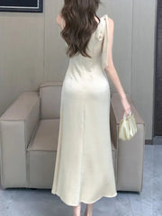 Aiertu Spaghetti Strap Women Fashion Satin Midi Dress Sleeveless Casual Solid Chic Bodycon Slim Party Dresses Female Vestidos New Aiertu
