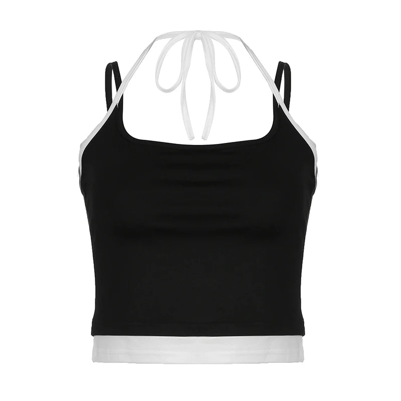 Aiertu  Vintage Patchwork Crop Top 2000s Retro Fake Two-piece Sleeveless Camisole Y2k Aesthetic Casual Tees Summer Women Clothing Aiertu