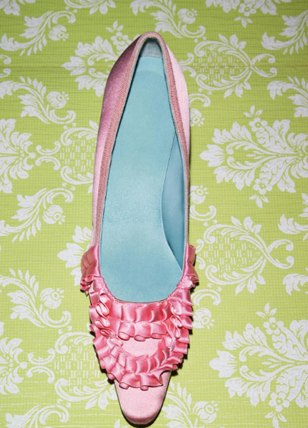 AIERTU  -  Blush Pink Satin Pointed-Toe High Heels Ruffled Frill Trim Contrast Sky Blue Lining Elegant Sweet Women's Low-Cut Shoes Aiertu