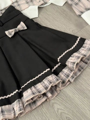 Aiertu Sweet College Plaid Patchwork Shirt Pleated Skirt Two-piece Set Women Korean Fashion Bow Retro Tie Cute Temperament Autumn Suit Aiertu