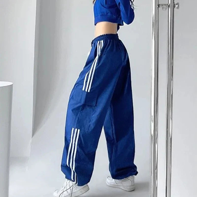 Aiertu Striped Sweatpants Women Hip Hop Streetwear Baggy Wide Leg Cargo Pants Bf Y2K High Waist Drawstring Joggers Trousers Aiertu