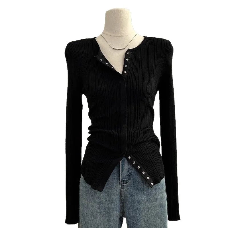 AIERTU  -  Women's Black Ribbed Knit Cardigan Button Design Long Sleeve Slim Fit Autumn Casual Fashion Stylish Knit Top Aiertu