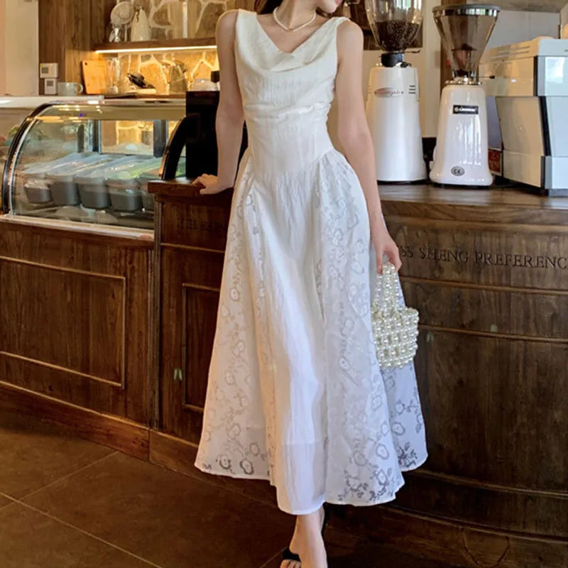 AIERTU  -  Women Dress Retro Lace Pattern Splicing Swinging Collar Sleeveless High Waist Solid Color Simple Vest Style Sling Long Dresses Aiertu