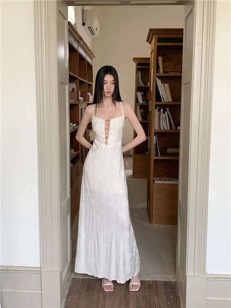 AIERTU  -  Women Dress New Chinese Style Patterned Chest Bead Hollow Out Backless Sleeveless High Waist Slim Vacation Sling Long Dresses Aiertu