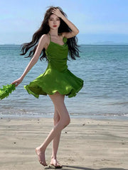 Aiertu Summer Green Sleeveless Slip Sexy Club Vacation Elegant Pleated Mini Dress 2024 New Fashion Evening Party Dress Women Streetwear Aiertu