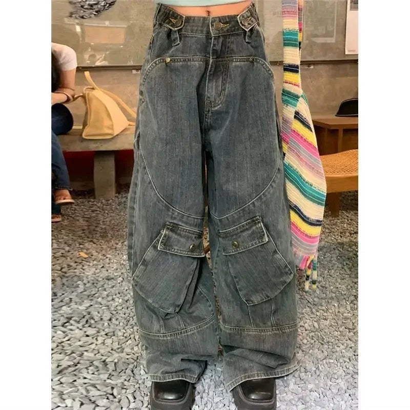 Aiertu Harajuku Vintage Cargo Jeans Women Oversize Y2K Grunge Black Baggy Denim Pants Hip Hop Streetwear Wide Leg Trousers Aiertu