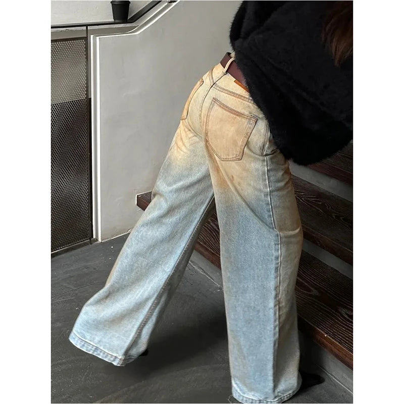 Aiertu Women's Y2K Harajuku High Waist Vintage Loose Jeans Pants American Retro Streetwear Wide Leg Baggy Tie Dye Denim Trouser Aiertu