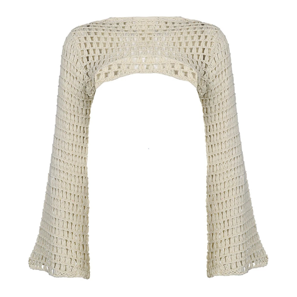 Aiertu Women Y2k Crochet Knit Hollow Out Crop Top Long Flared Sleeve Shrug Sweater Mesh Cover Ups Cardigan Streetwear Pullover Women Aiertu
