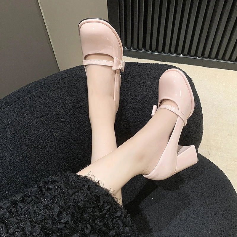 Aiertu Sweet Bowknot High Heels Mary Janes Women Cute Round Toe Patent Leather Pumps Woman Slip-On Square Heeled Bow Party Shoes Ladies Aiertu