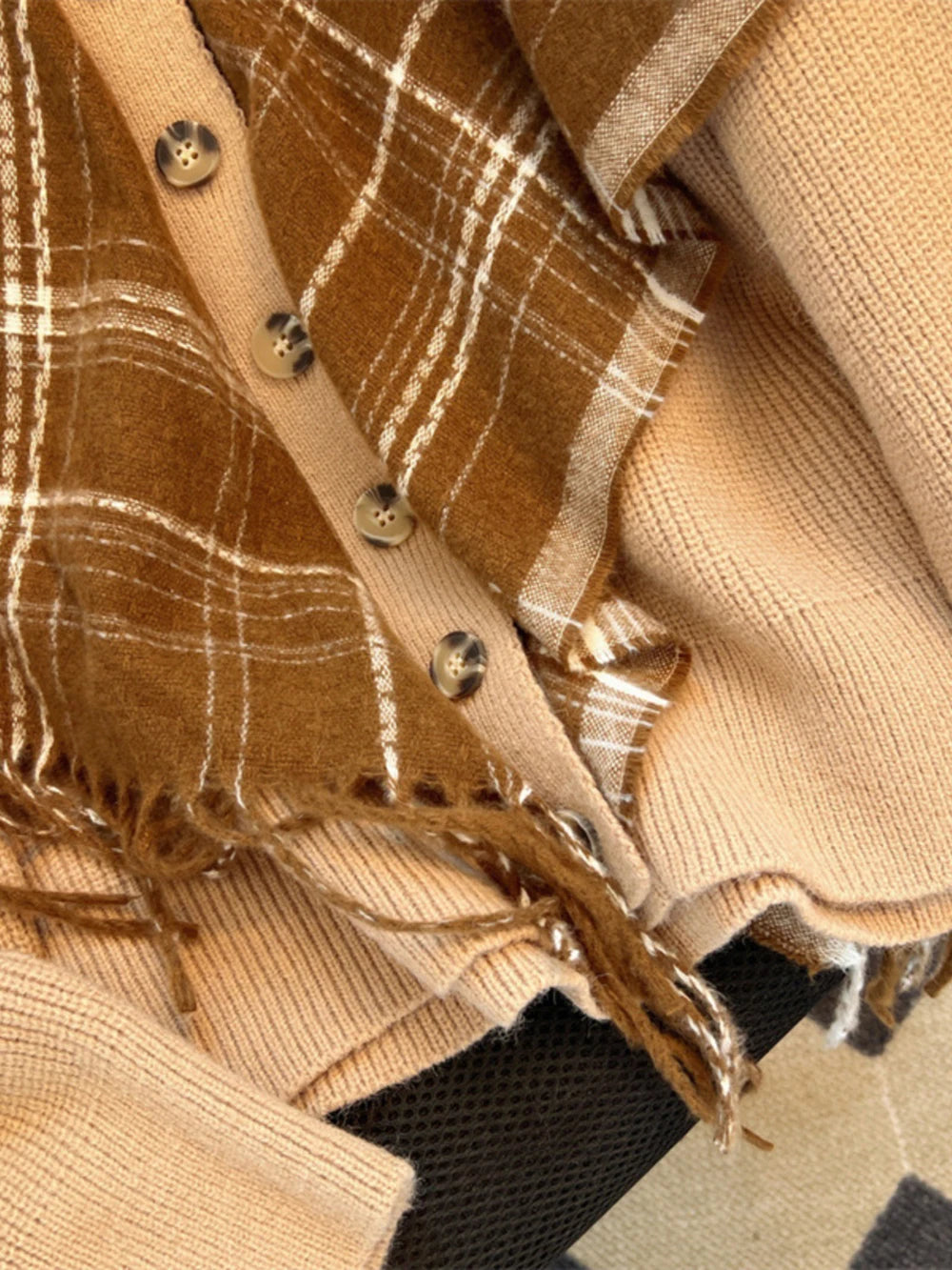 AIERTU  -  Checkered Tassel Shawl Fake 2Piece Knitted Cardigan Women's Autumn Winter New Lapel Thickened Sweater Trendy Casual Tops Aiertu