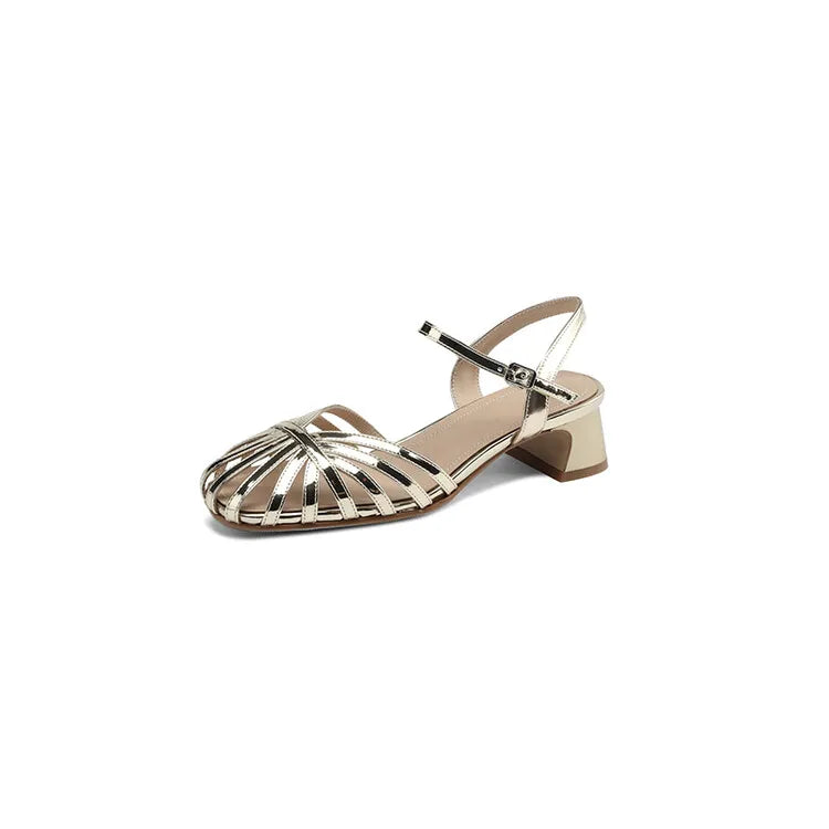 Aiertu Split Leather Women Sandals Round Toe Chunky Heel Summer Women Shoes Narrow Band Shoes for Women Handmade Shoes Aiertu