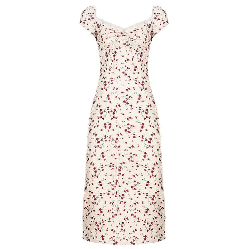 AIERTU  -  French Retro Rose Floral Dress with Waist and Thin Folds Pure Lust Sweet and Spicy Temperament Long Dress Aiertu