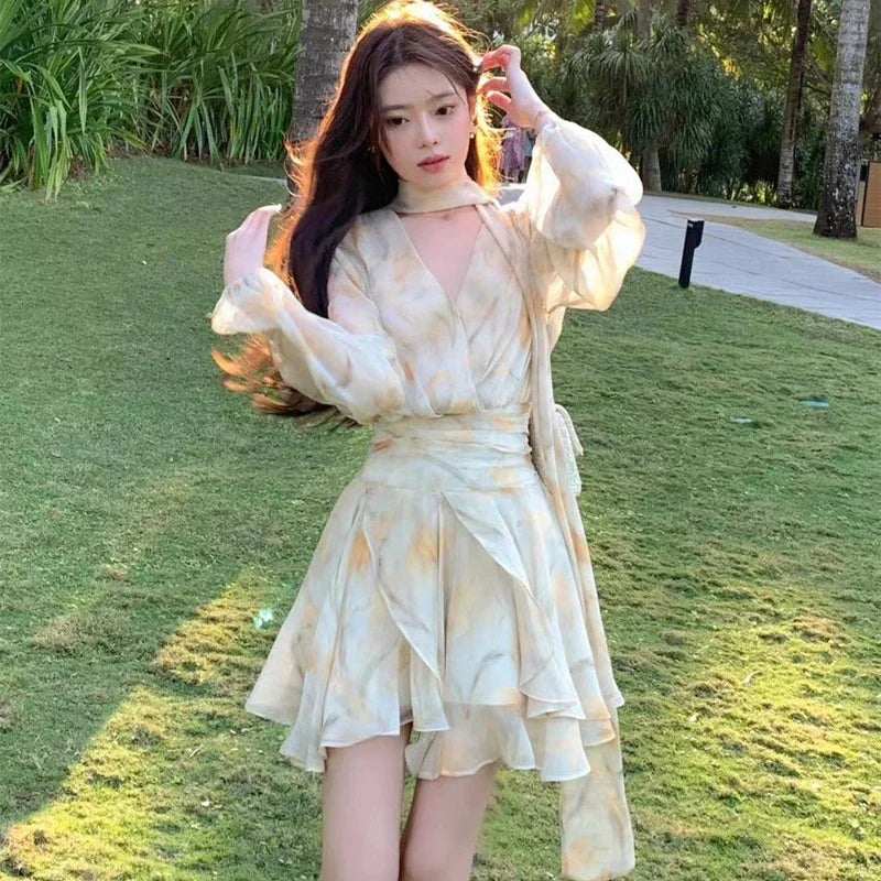Aiertu 2024 New Holiday Dress Women Summer Long Sleeve V-Neck Bubble Sleeve Chiffon Beach Printed Dress Irregular Fairy Dress Boho Aiertu