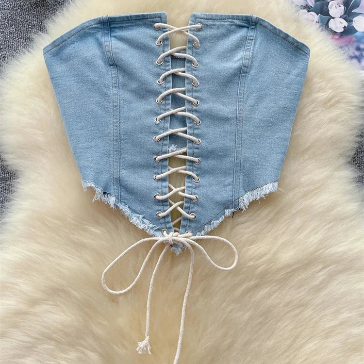 Y2K Hotsweet Denim Strapless Summer Off the Shoulder Bandage Design Slim Zipper Short Tank American Retro Sexy Top Aiertu