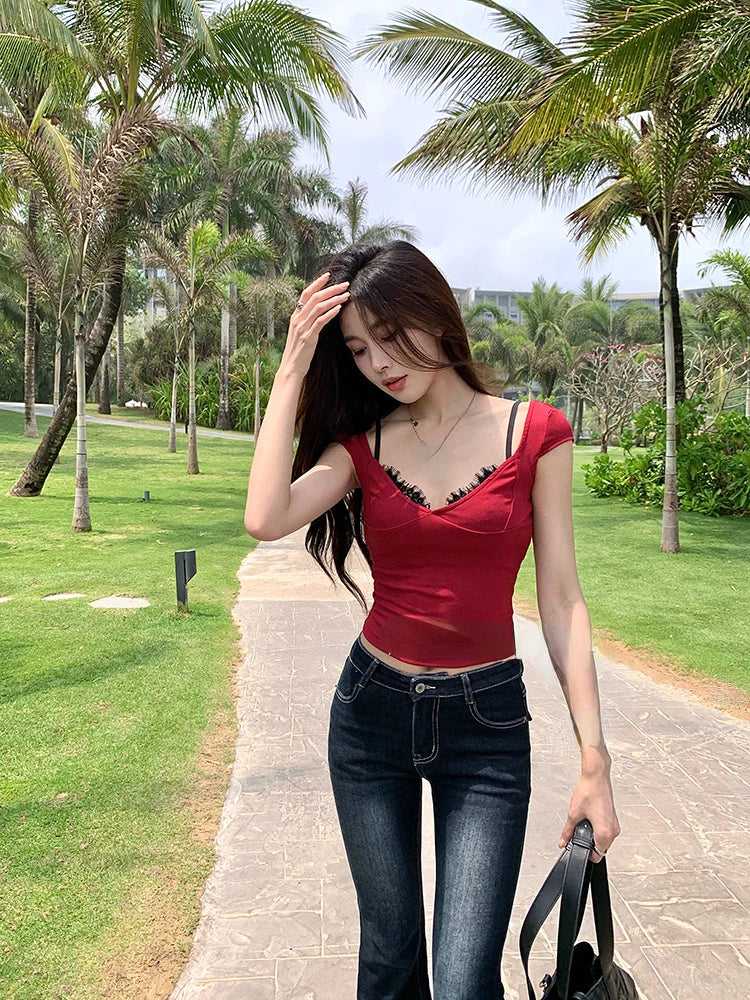Aiertu Women Vintage Tees Chic Short Sleeve Soft Square Collar Crop Top Casual Loose Fashion Office Lady Lace T-Shirts Coquette Grunge Aiertu