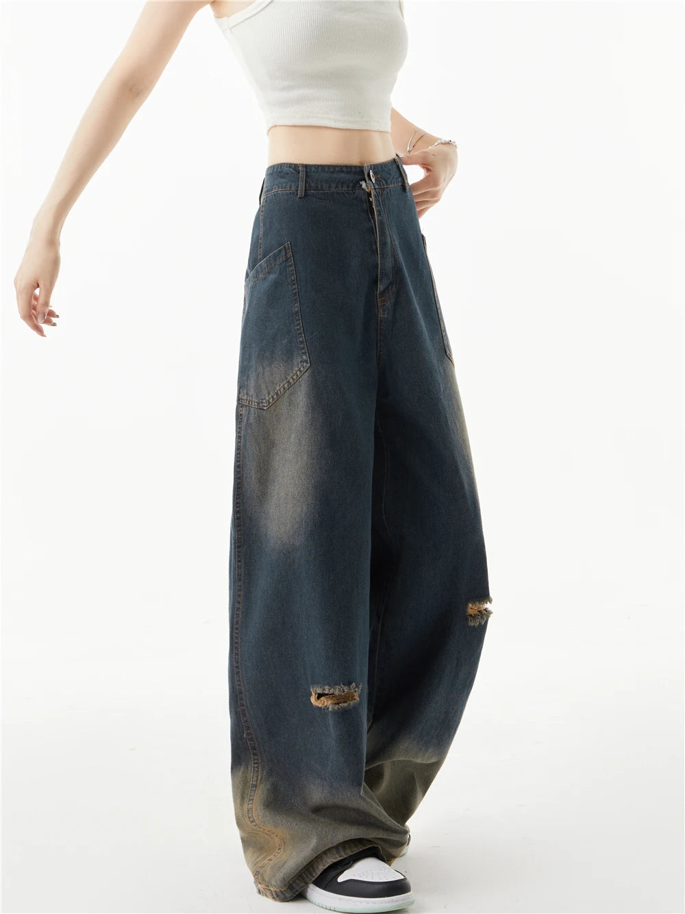 Aiertu Women Ripped Jeans Vintage Harajuku Baggy Denim Trousers Aesthetic Y2k Oversize Cowboy Pants Trashy Japanese 2000s Style Clothes Aiertu