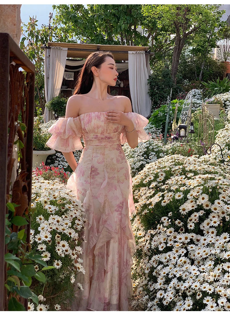 Aiertu Women Summer Fashion Floral Goblincore Ruffles Slim Party Midi Dresses Lady Skinny Fairy  Dress Aiertu