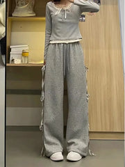 Aiertu Korean Spring Wear Grey Casual Top Female 2024 New Bow Design Super Sweet High Waist Slim Wide-leg Pants Two-piece Set Aiertu