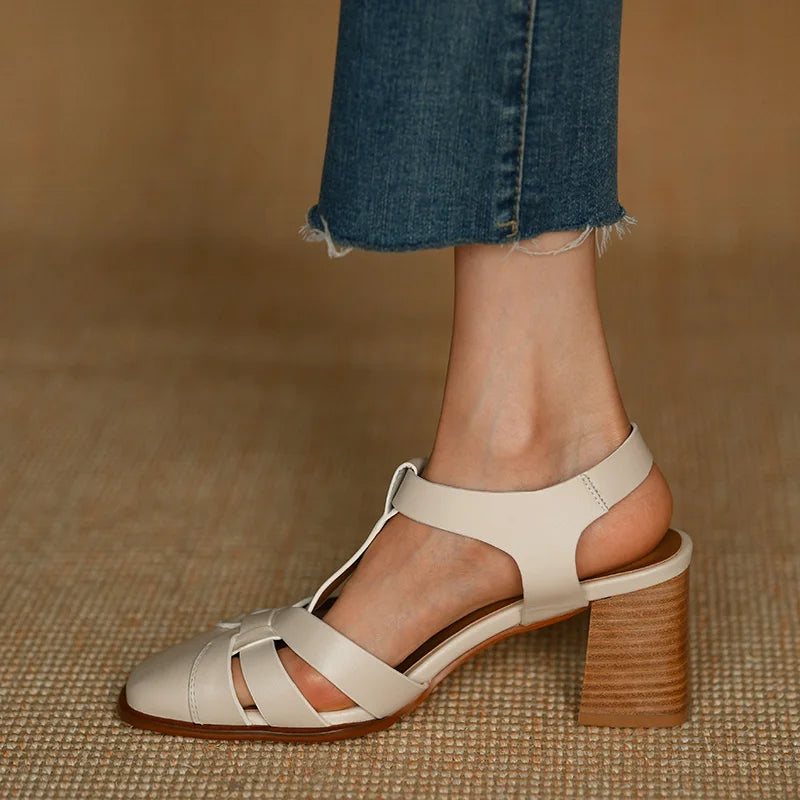 Aiertu Summer Sandals Female Retro Sandals Buckle Strap Womens Pumps Cowhide Ladies Shoes Spring Autumn Gladiator Sandal Roman Style Aiertu