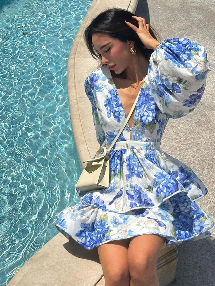 Aiertu Elegant Flower Printed Ruffles Layered Mini Dress Chic V Neck Puff Long Sleeved A Line Dresses Fashion Lady Evening Party Gown Aiertu