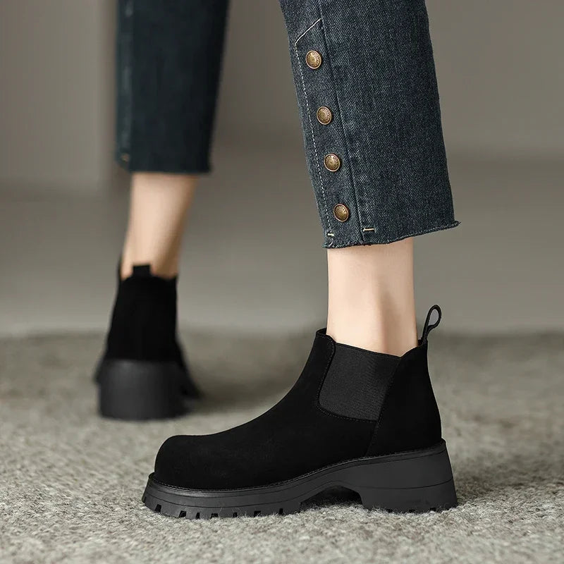 Autumn Women Boots Round Toe High Heel Cow Suede Leather Women Shoes Boots Winter Chunky Heel Ankle Boots Genuine Leather Aiertu