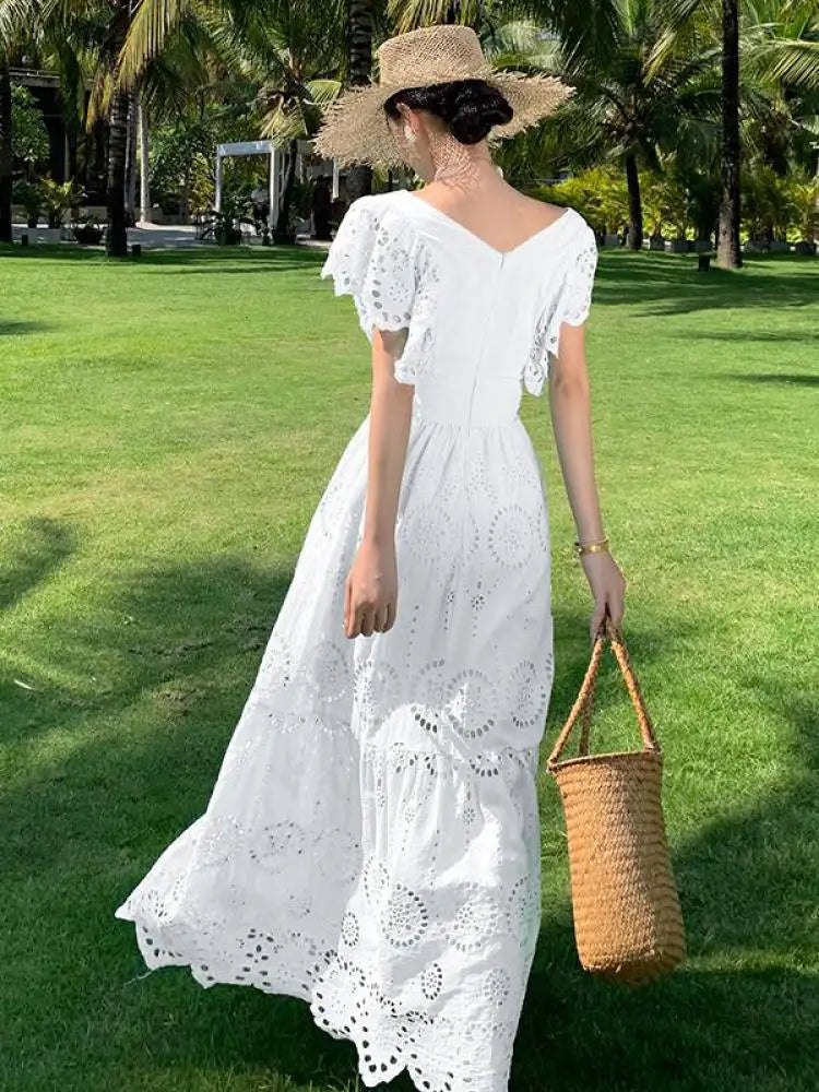 Aiertu White Daisy Flower Embroidery Hollow Out Fly Sleeves Dress Women Summer V Neck Ladies Elegant Fashion Ruffles Fairy Long Dresses Aiertu