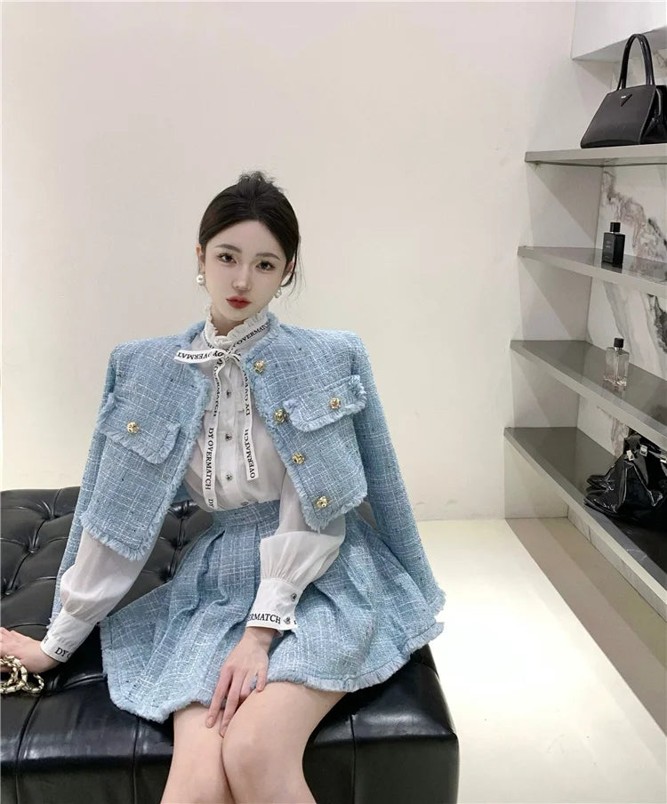 Aiertu High Quality Fashion Tassel Design Small Fragrance 2 Piece Sets Women Outfit Long Sleeve Short Jacket Coat + Pleated Skirt Suits Aiertu