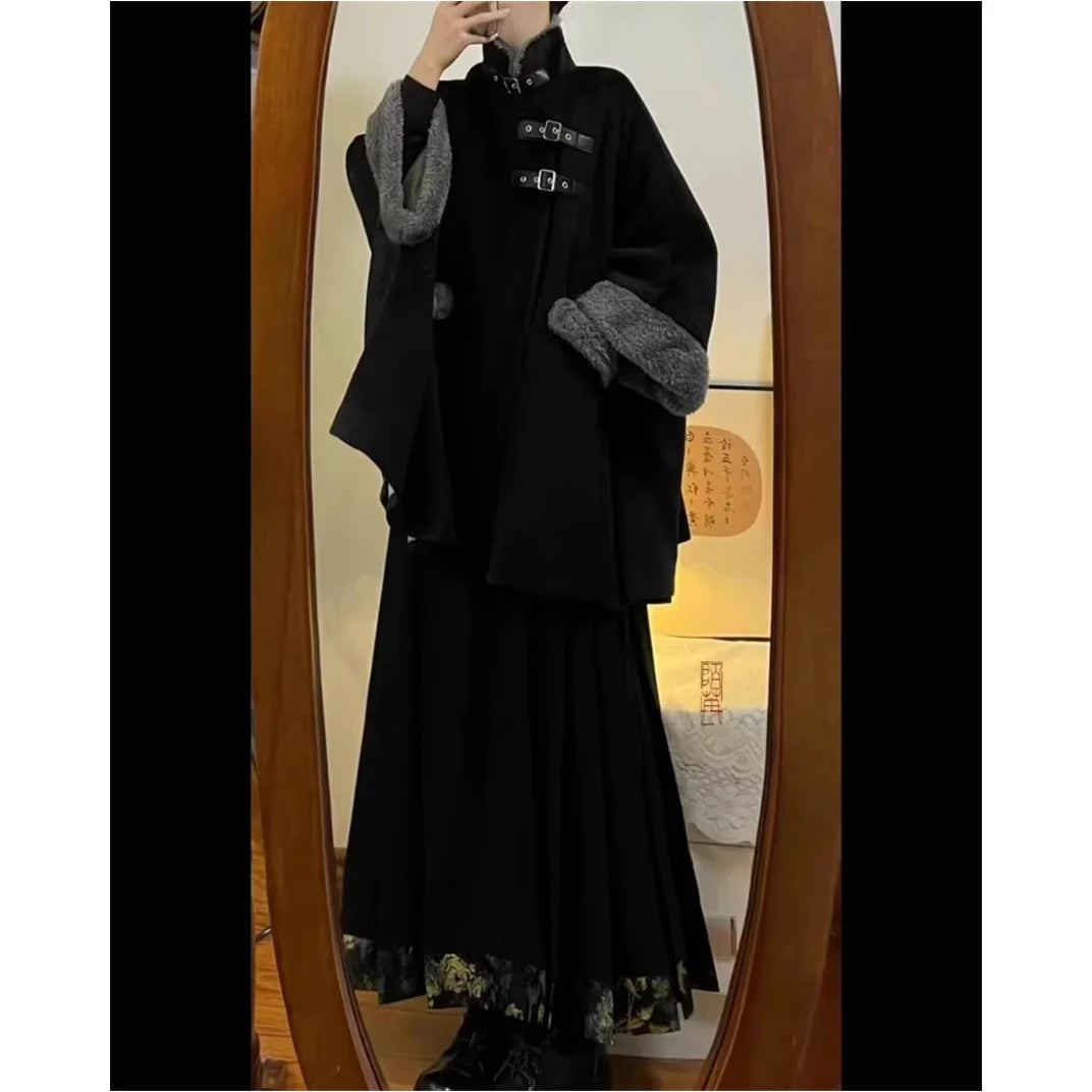 Aiertu Chinese Style Cloak Coat Women New Chinese High end Plush Capes Autumn and Winter Loose Causal Warm Black Coat Women Clothing Aiertu