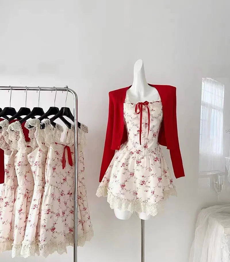 Aiertu 2024 New Sweet Floral Dress Set Woman Casual Red Short Cardigan Elegant Lace Y2k Mini Dress Beach Korean Fashion Clothing Suit Aiertu