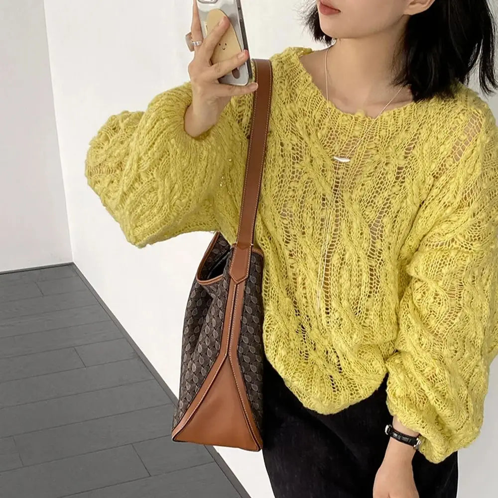 AIERTU  -  Loose Knitted Hollow Out Sweater Women's Lazy Style Solid Color Lantern Sleeve Pullover Knitwear Female Autumn Winter Tops Aiertu